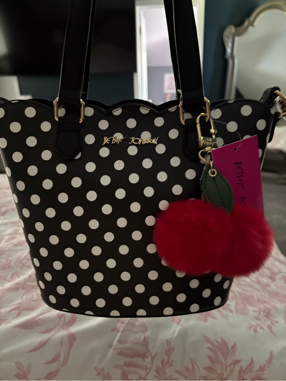 Betsey Johnson Black & White Polka Dot Tote with Red Pom Pom Charm